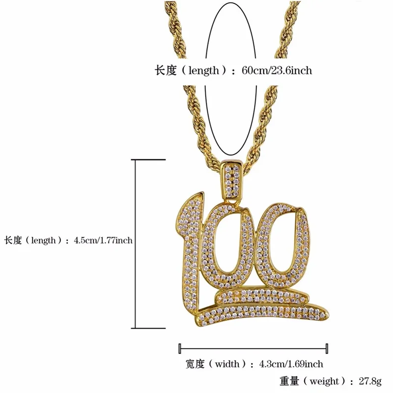 Hip Hop 5A+ CZ Stone Paved Bling Iced Out 100 Points Pendants Necklace for Men Rapper Jewelry Gold Silver Color