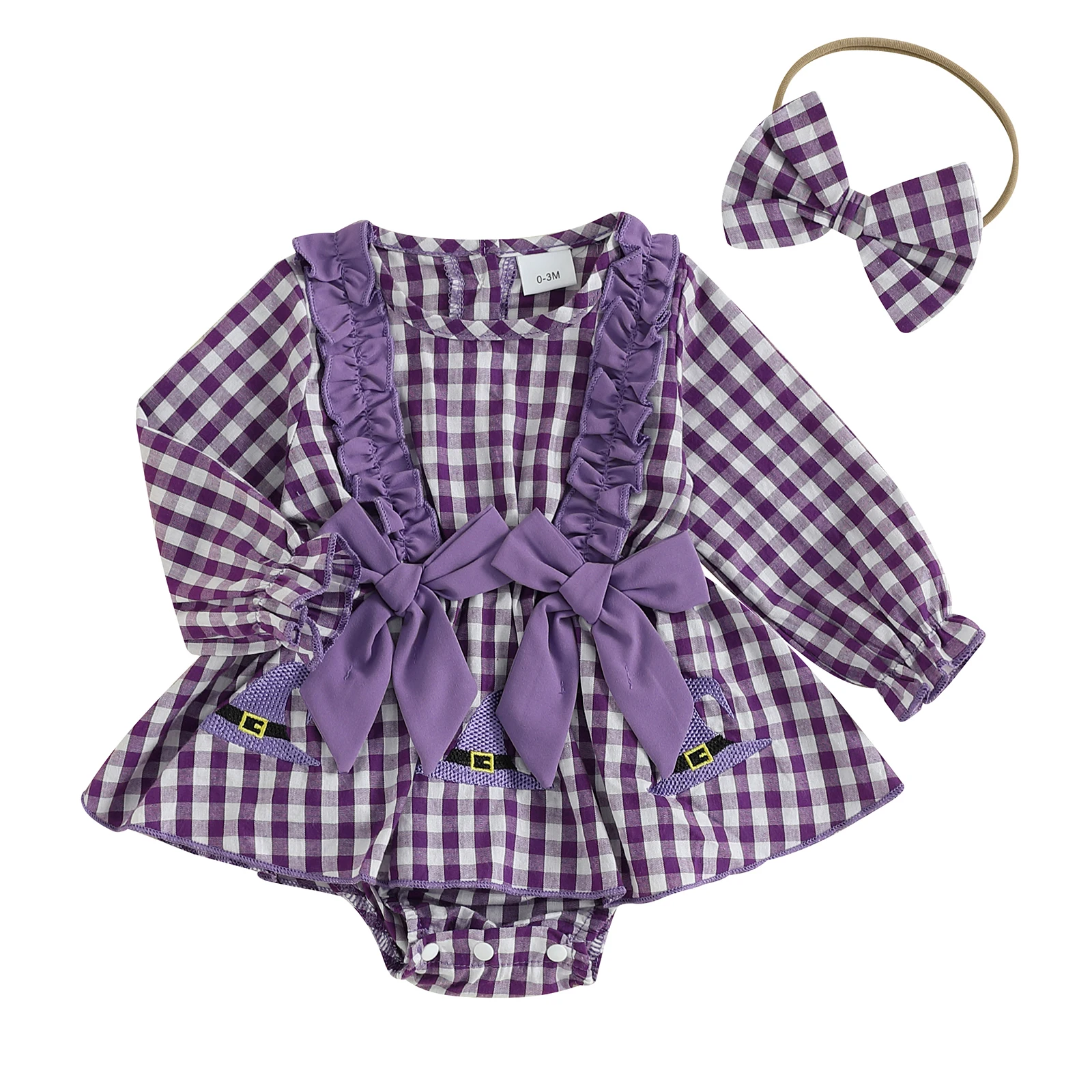 

Baby Girl Halloween Outfit Plaid Witch Hat Embroidery Long Sleeve Romper Dress and Bow Headband 2 Pcs Set