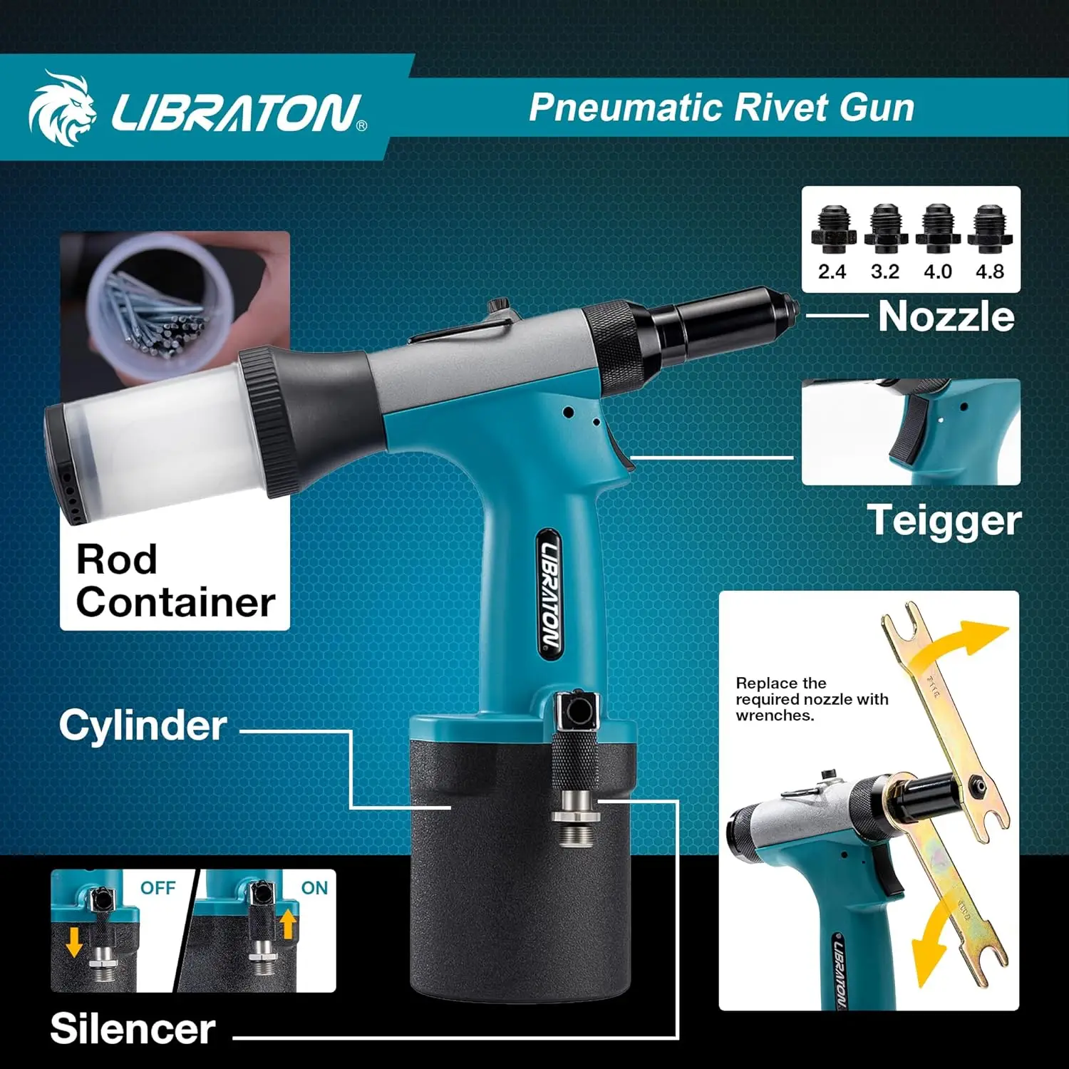 طقم مسدس برشام هوائي، ممبر هواء عالي التحمل 3/32 بوصة، 1/8 بوصة، 5/32 بوصة، 3/16 بوصة مع 200 مسامير، تصميم ذاتي الشفط