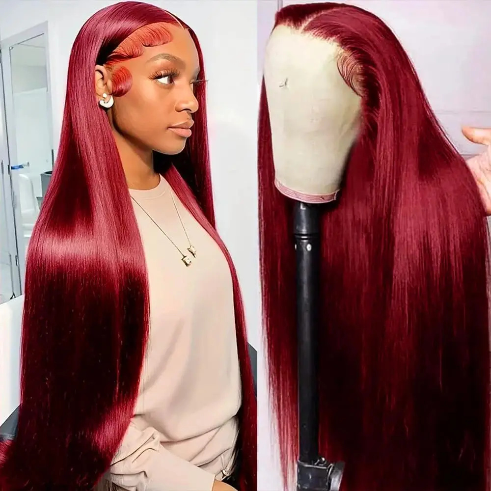 

28 Inch 99J Burgundy Lace Front Wigs Human Hair Wine Red Colored Straight 13x4 13x6 Lace Frontal Wig Pre Plucked