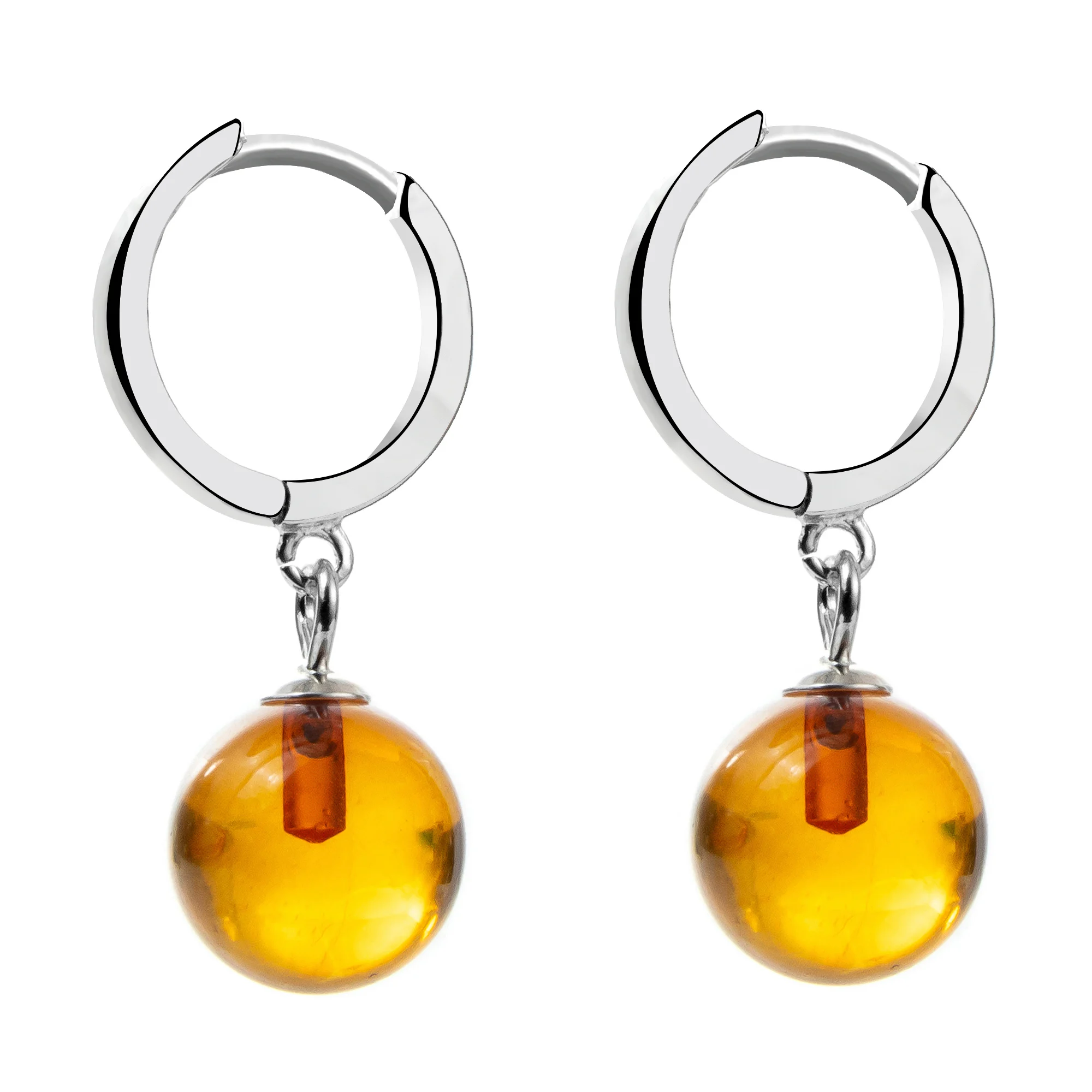 Genuine Baltic Amber Small Hoop Earrings for Women in 925 Sterling Silver, Rich Cognac Color