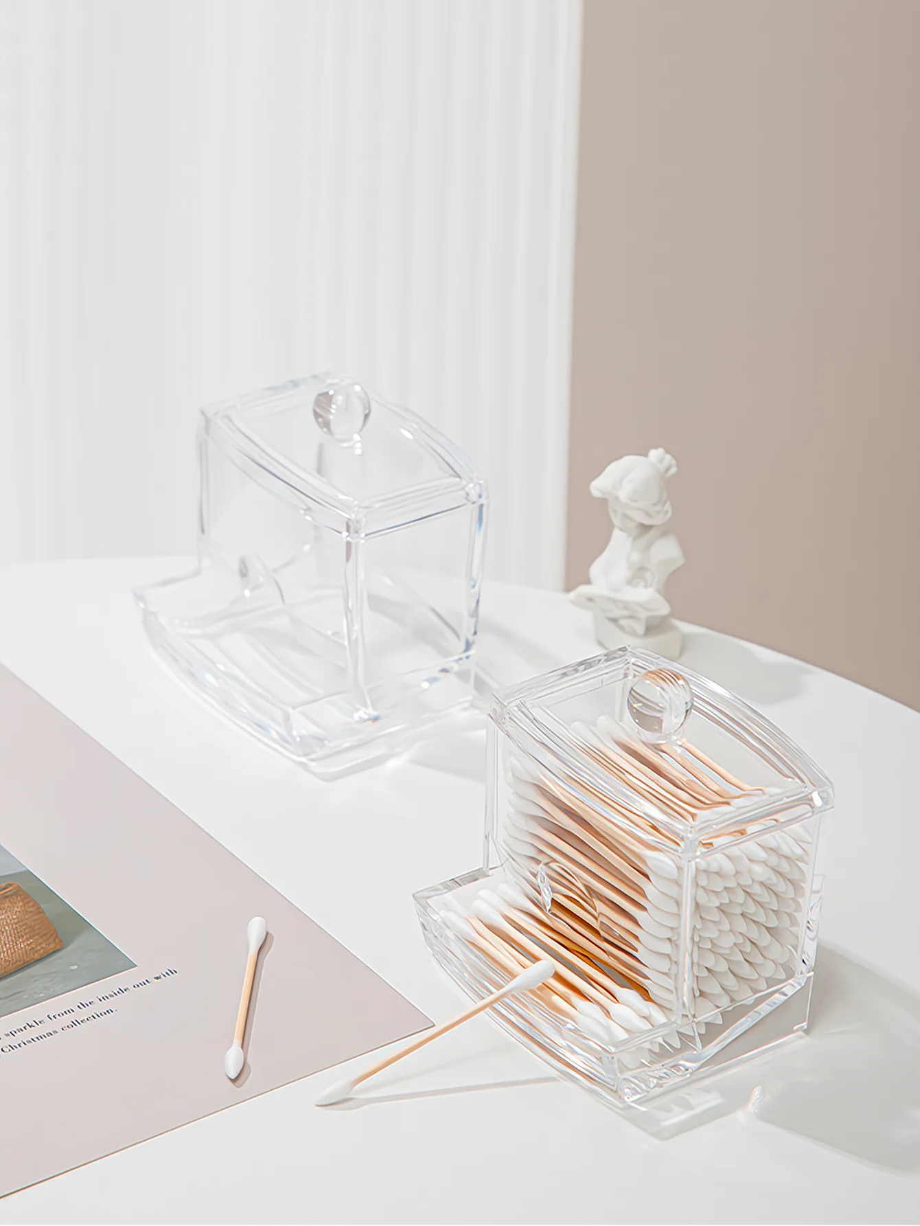1PC PS Plastic Cotton Swab Box With High Appearance Value, Transparent Tape Cover, Dustproof, Makeup Removal, And Storage