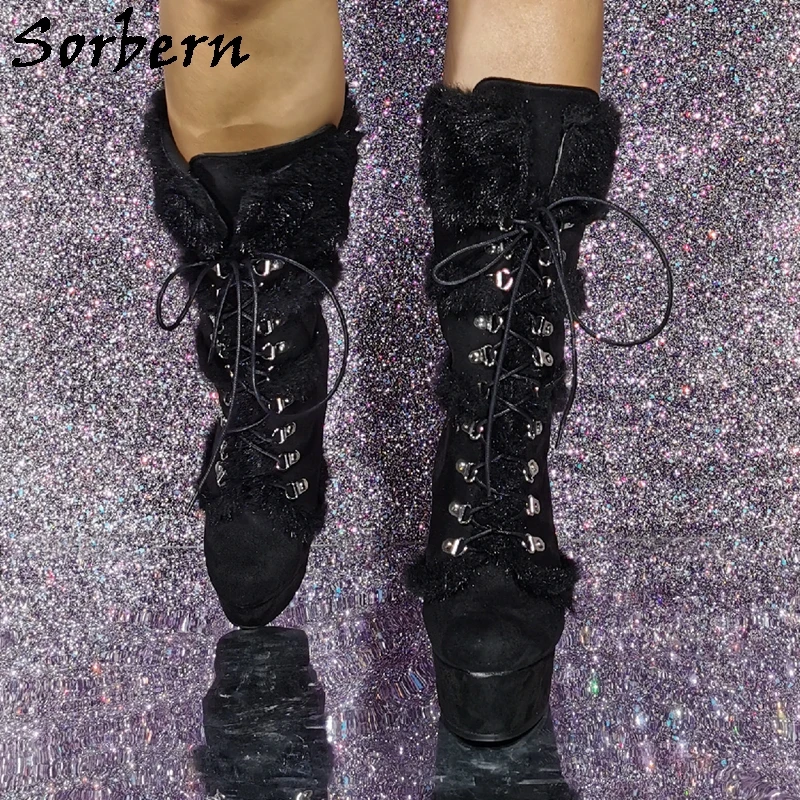 Sorbern Black Fur Knee High Boots Wedges Thick Platform Lace Up Zipper Inside High Heel Custom Shaft Length Leg Width