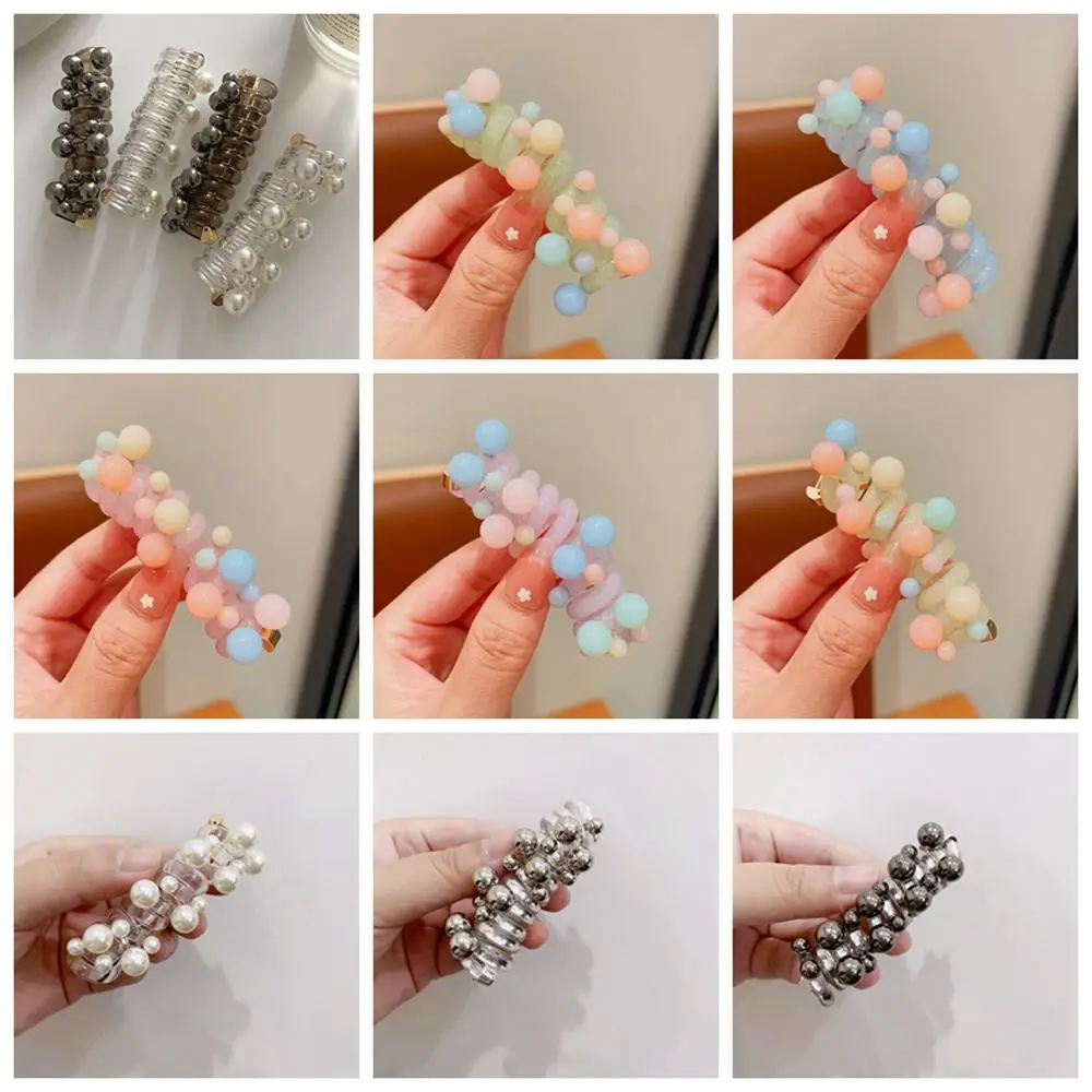 Beads Telephone Line Hair Rope Straight Korean Style Transparent Ponytail Holder Rubber Band Elastic Pearl Hair Ring