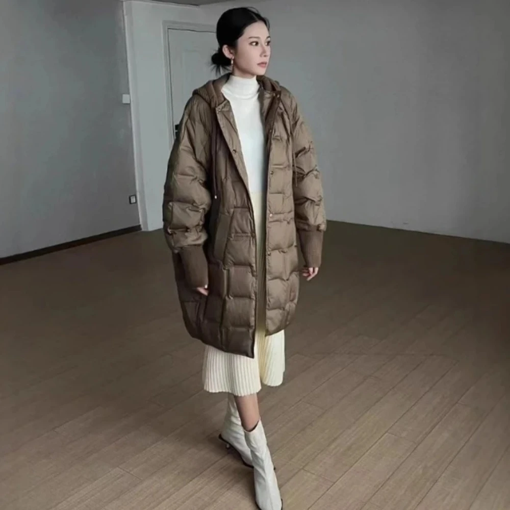 

Women's 2025 Autumn Winter Mid-Length Down Jacket New Fashion Warm Knitted Hat White Duck Down Coat Winter Female Cold Jacket