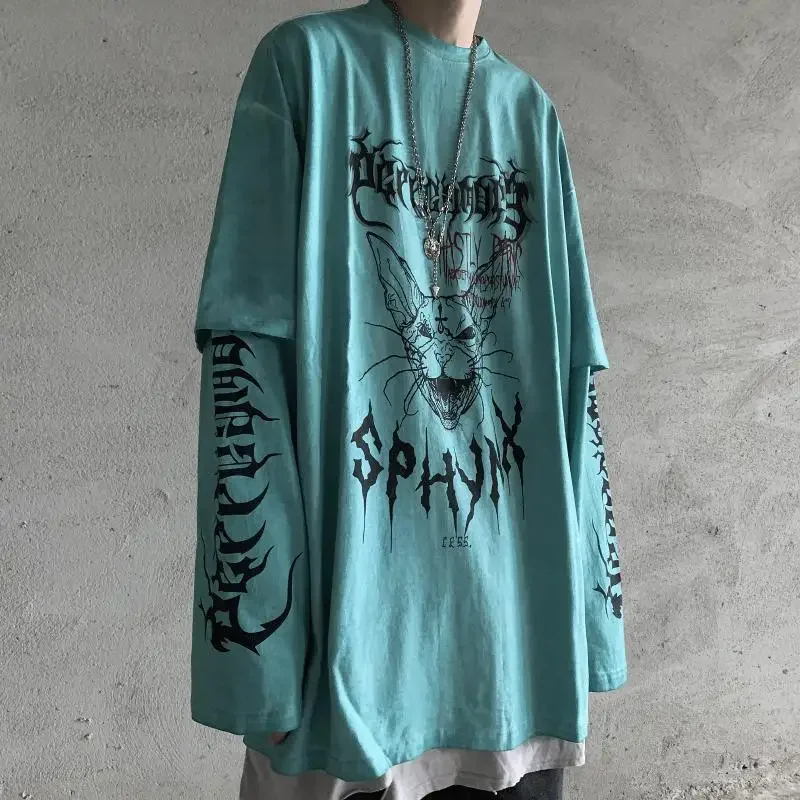 Casual Men Fashion Style Graphic T Shirts Summer Baggy Vintage T Shirt Male Streetwear Gothic Fake Two Piece Long Sleeve T-Shirt