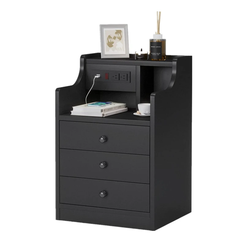 Black Nightstand with Charging Station 3 Drawers Wood Sofa End Side Table with USB and Outlet Bedside Table Bedroom Nightstands