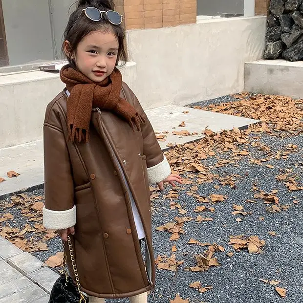 Winter Childent Long Coat Warm Brown Plus Velvet Artificial Leather Girls Thick Jacket Casual Artificial fur Clothing Snow Outwe