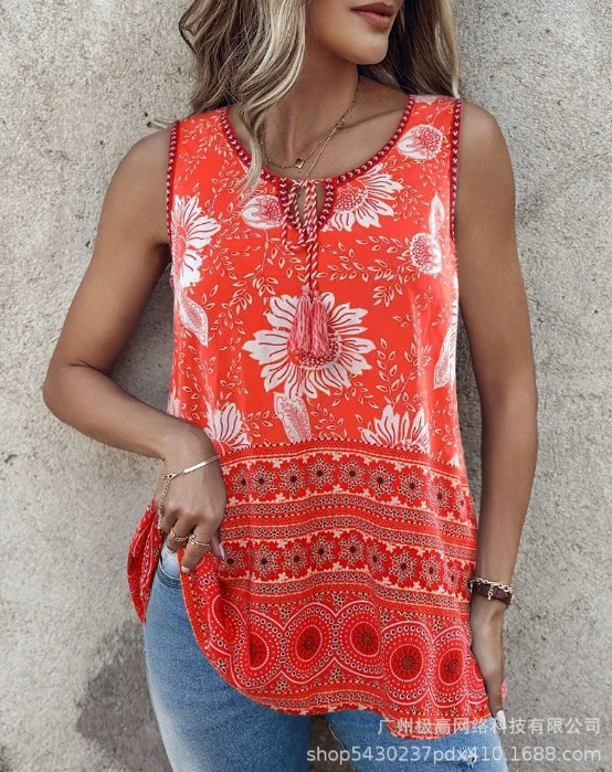 

Retro Slim Top Casual Women Clothing Colored Fragmented Paisley Printed Women Tank Top Spring Summer Hanging Tassel Tie Blouse