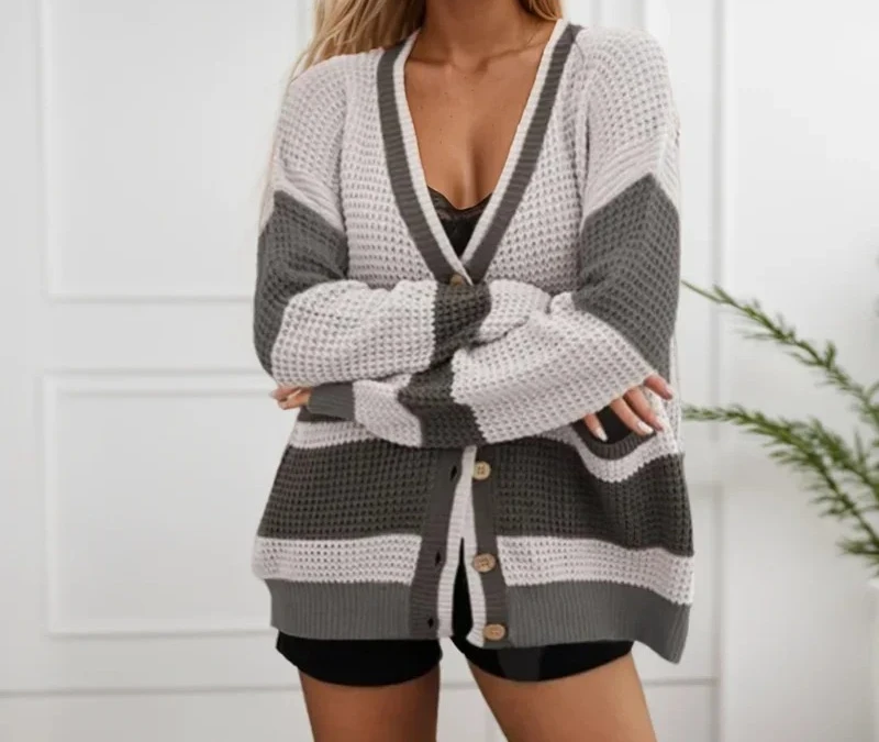 

Women Casual Loose Knitted Cardigan Jacket Winter Women's Coat Contrasting Colors Pockets Striped Coat Long Sleeve Cardigan