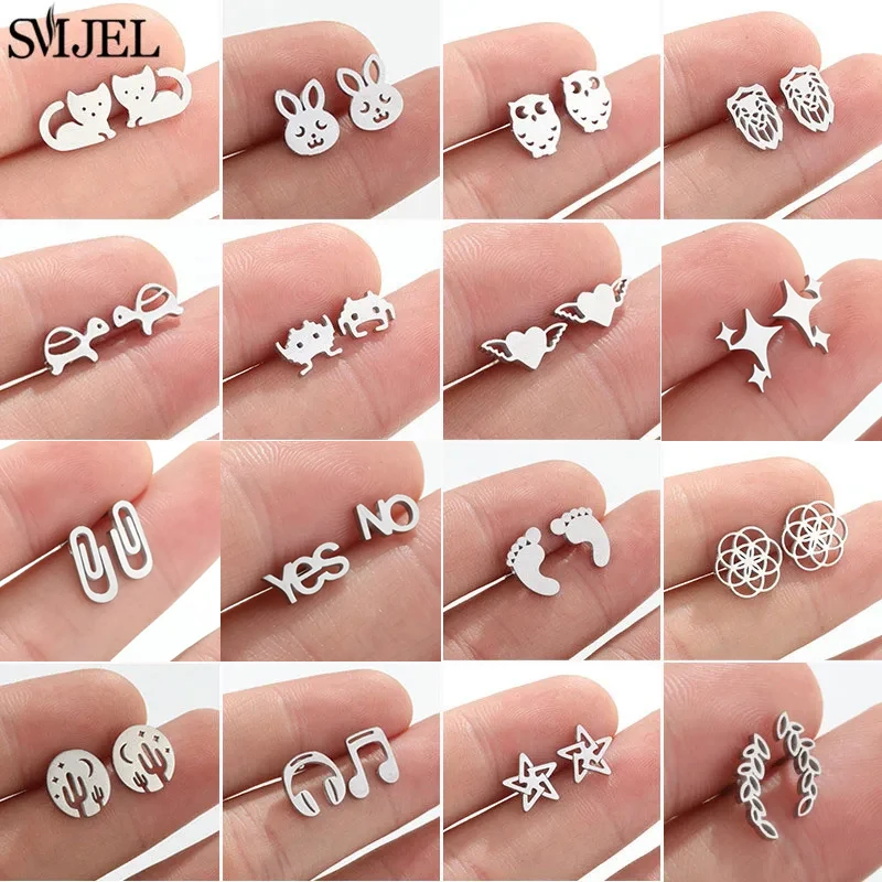 Mini Animal Stainless Steel Earrings for Women Girls Jewelry Cute Cat Rabbit Tiger Owl Lion Stud Earrings Vintage Pendientes