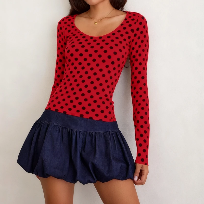 

Combhasaki Women's Vintage Scoop Neck Tops Long Sleeve Y2k Aesthetic Dot Print T-shirt Slim Fit Casual Party Tee Streetwear