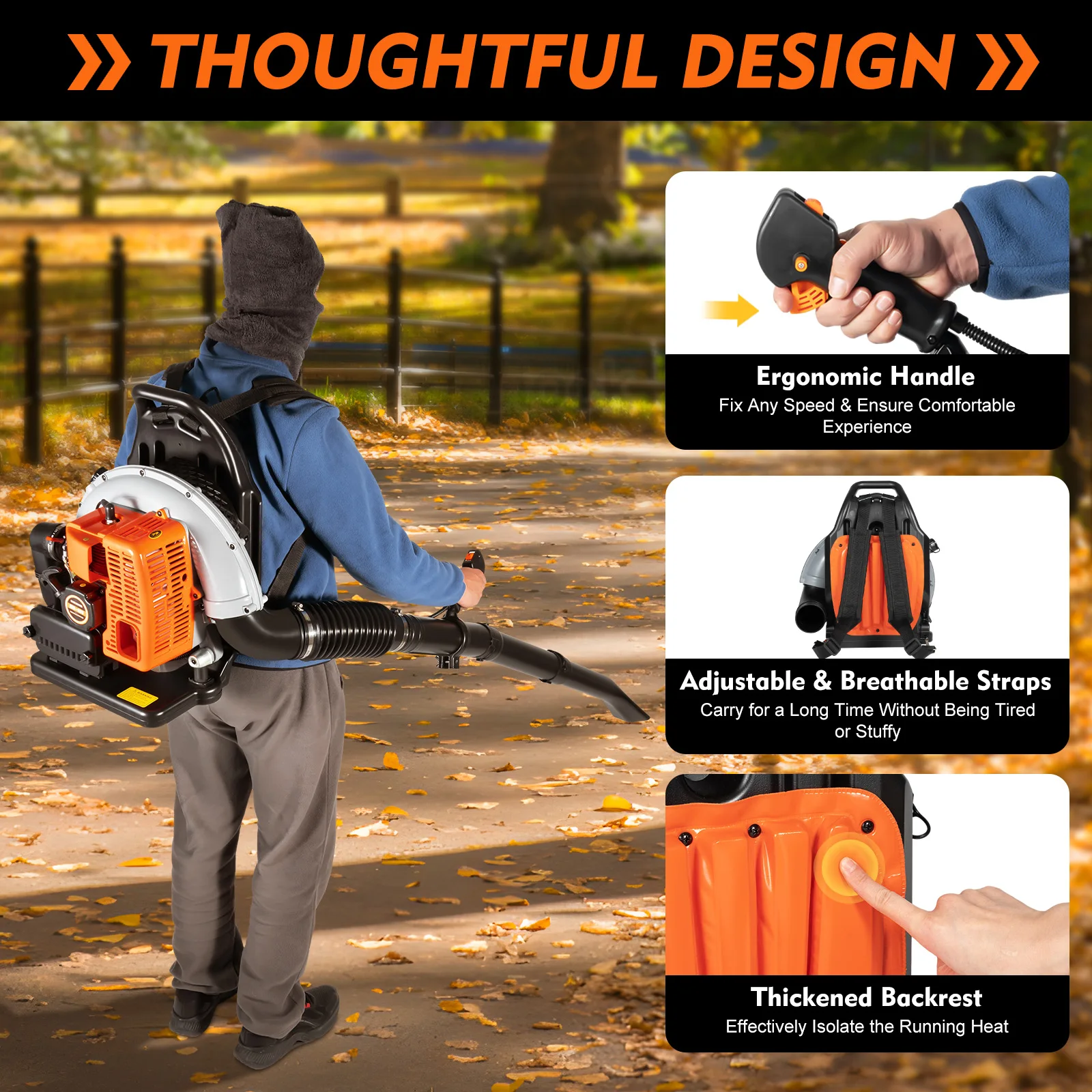 Backpack Leaf Blower Gas Powered w/1.8L Fuel Tank 2.7KW 63CC 2-Stroke 6800r/Min Adjustable Air Duct Detachable