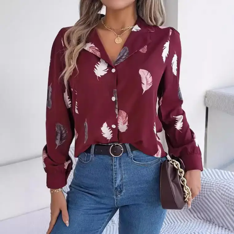 

Women's Feather Print Suit Collar Long Sve irt Commute Sle Polyester Fiber 00% Regular Sve Length Spring Season