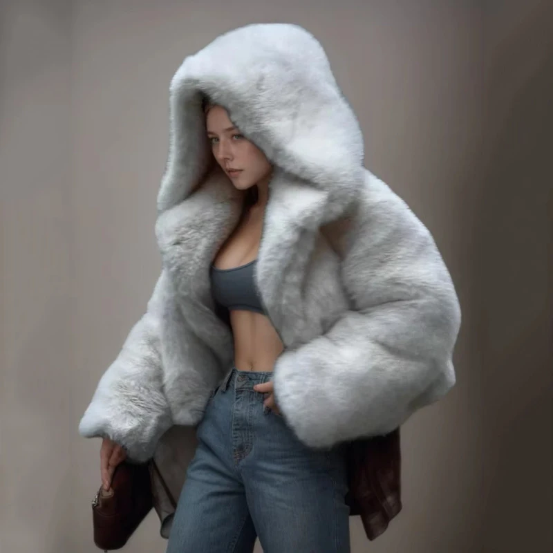 HKSH Winter New Women Short Faux Fur Coat Hooded Solid Color Versatile Elegant Luxury Fashion High-end Trend Warm Jacket HK17421