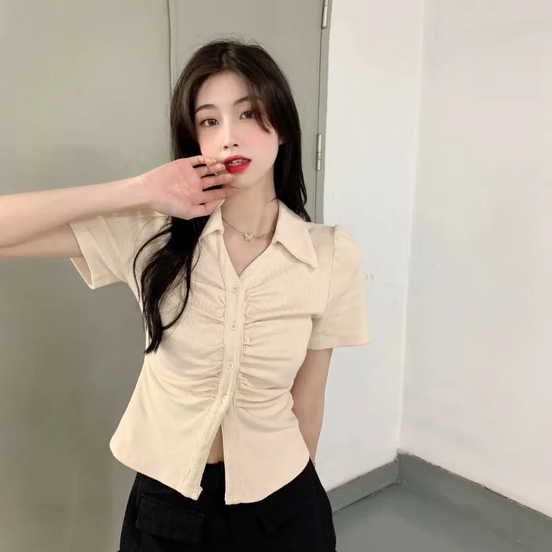 Women's Summer Collar Short Sleeve Slimming Figure Flattering T-shirt Spicy Girl Pure Seductive Asymmetrical Short Design