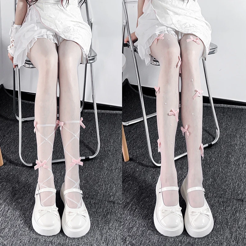 White Stockings With Calf Straps Pearl Bowknot Pantyhose For Women's Lolita Japanese Sweet Girl Summer Thin Style Tights Socks