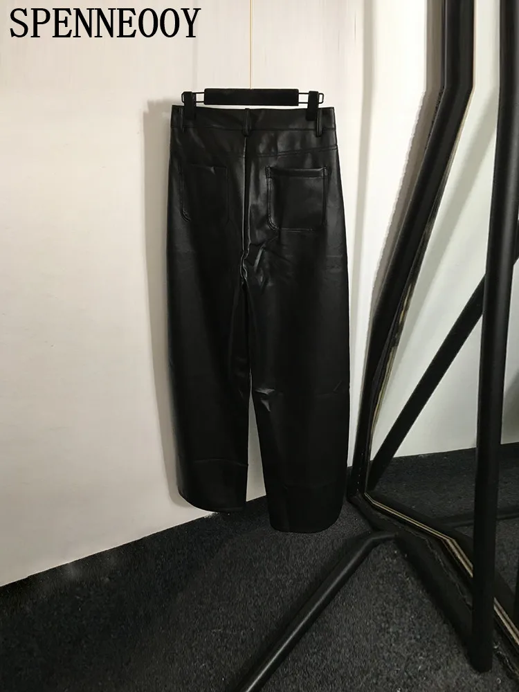 SPENNEOOY Fashion Runway Autumn Black Color Genuine Leather Trousers Women's Middle Waist Button Pocket Straight Barrel Pants