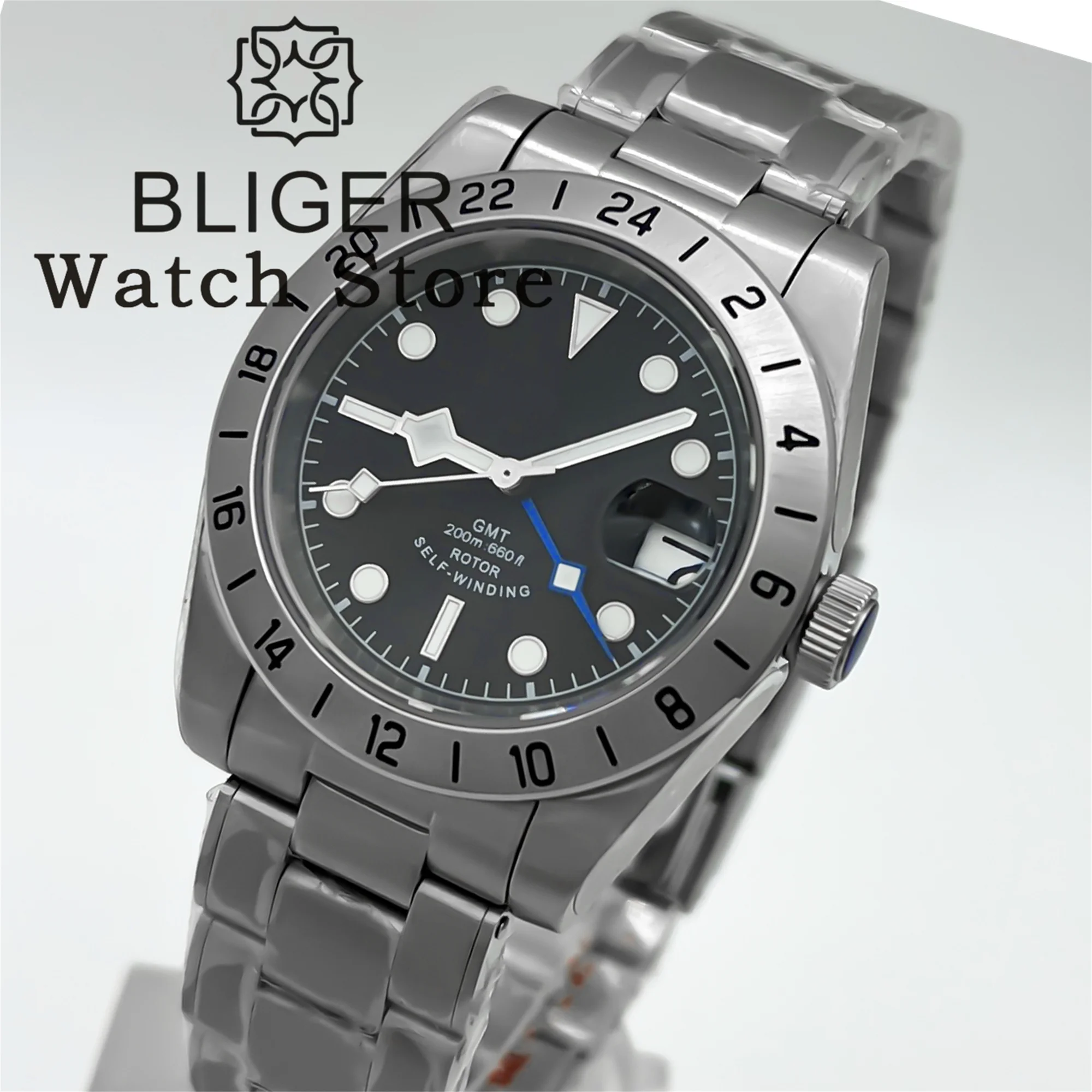 BLIGER New 39mm NH34 Automatic Mechanical GMT Watch For Men Relogio Stainless Steel Sport Watch Sapphire Luminous Deep Waterproo