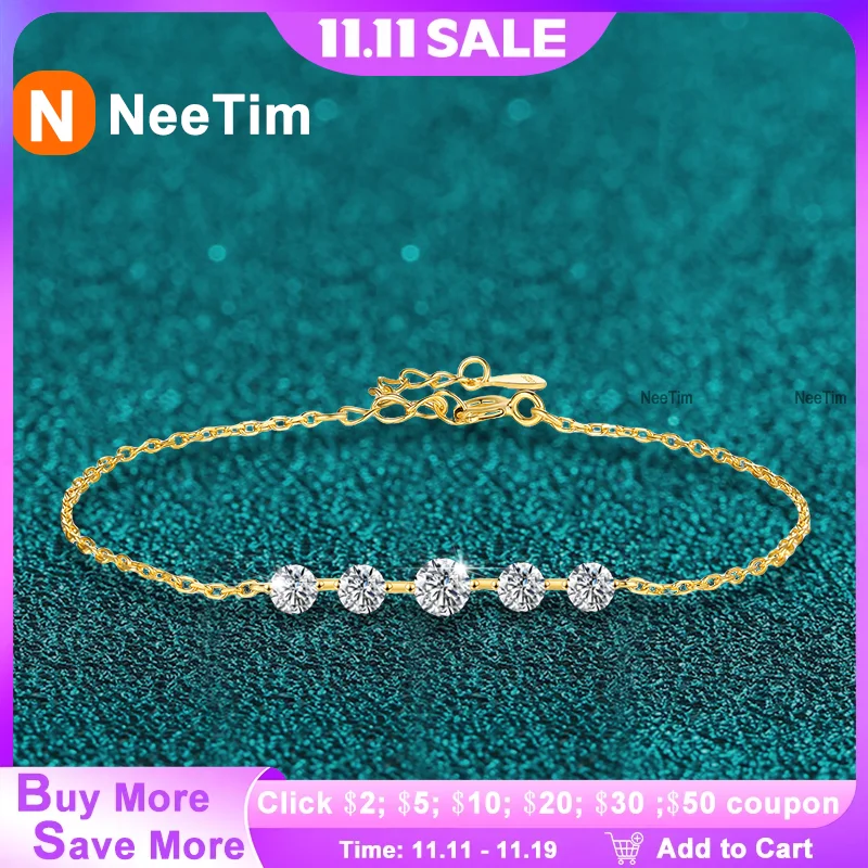 

NeeTim Full Moissanite Bracelets for Women S925 Sterling Silver Lab Diamond Plated Gold Bracelet Wedding Birthday Party Jewelry
