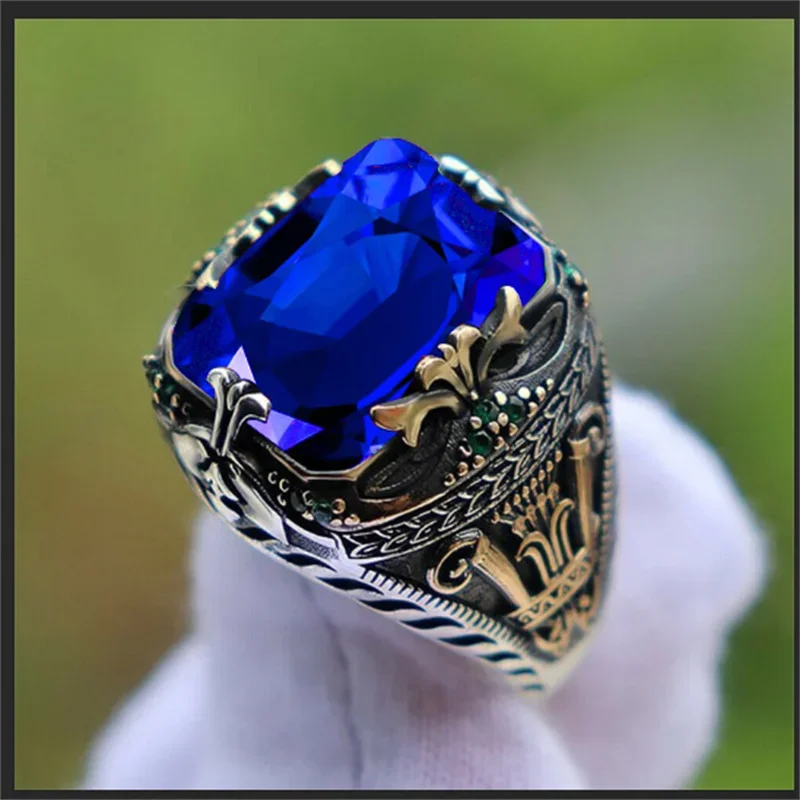 Inlaid Emerald Men\'s Luxury Ring Personality Retro Domineering Gem Sapphire Ring To Attend The Banquet Party Business Jewelry