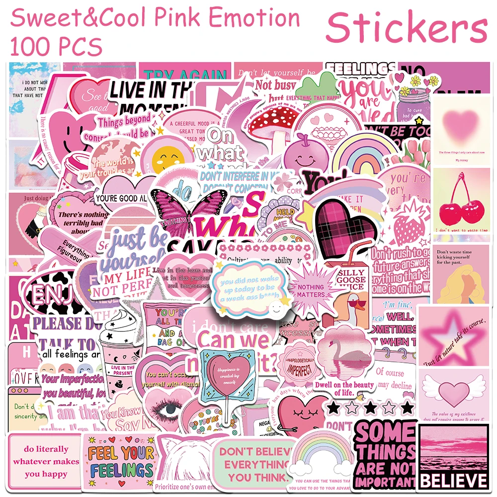 50/100pcs Pink Cool Emotion Stickers Y2K Kawaii Mental Health Decal For Skateboard Guitar Refrigerator DIY Aesthetic Sticker