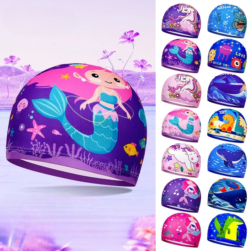 Children Swimming Caps for Boys Girls Cute Cartoon Swim Caps High Elastic Soft Kids Printed Swim Caps Swimming Pool Accessories