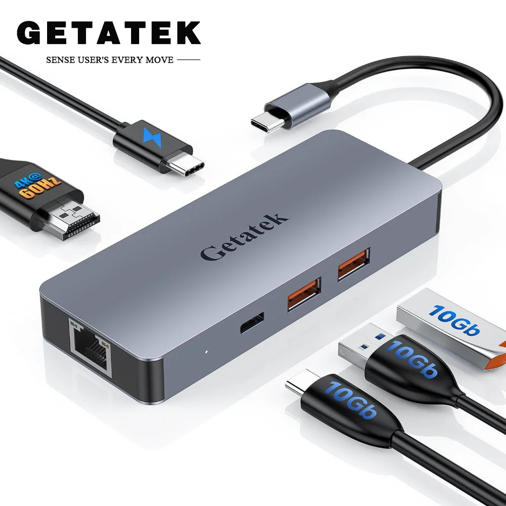 

Getatek 6 in 1 USB C Hub Type-C to 4K 60Hz HDMI USB C 3.2 Docking Station PD 100W Adapter Ethernet Port Hub for MacBook Pro Dell