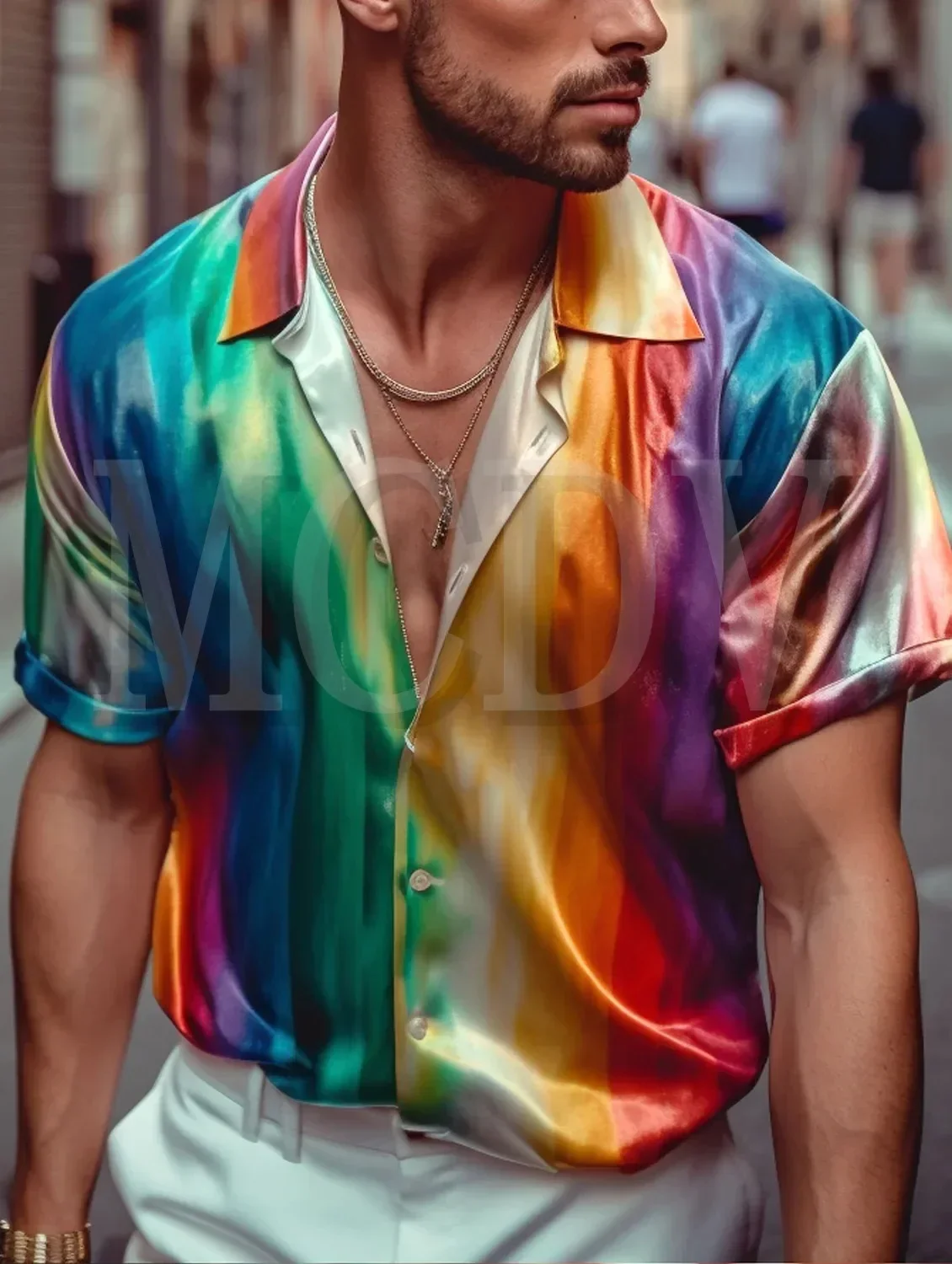 Rainbow Color Casual Satin Shirt  Oversized Stretch Music Car Aloha Shirts