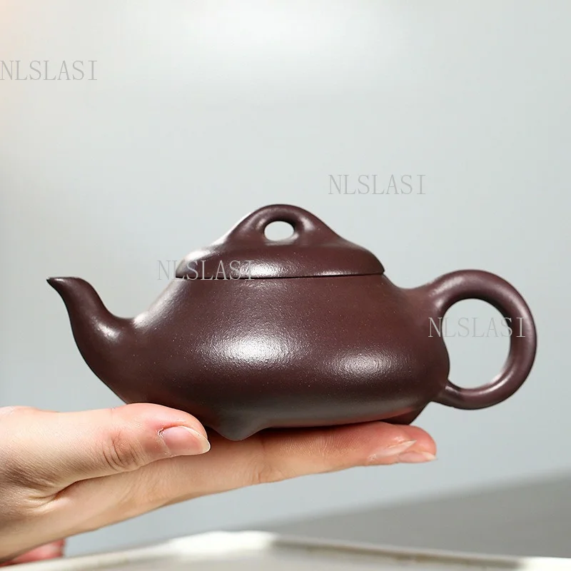 220ml Yixing Original Purple Clay Triangle Stone Ladle Zisha Teapot 3 Feet Flat Shape Single Tea Kettle For Gongfu Tea Brewing