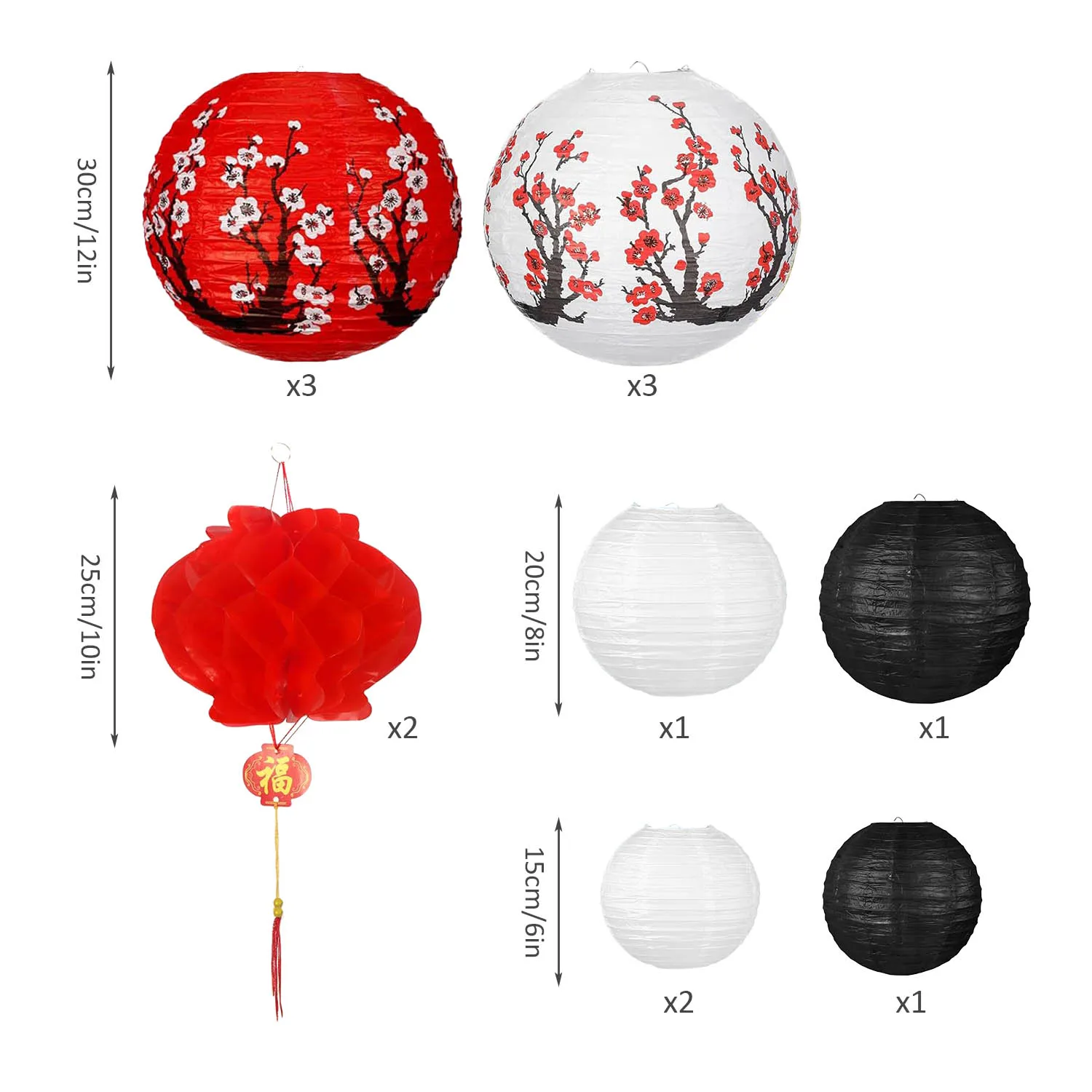 Chinese Japanese Paper Lanterns, Hanging Cherry Plum Blossom Round Party Lanterns for Oriental Restaurant Wedding Birthday Party