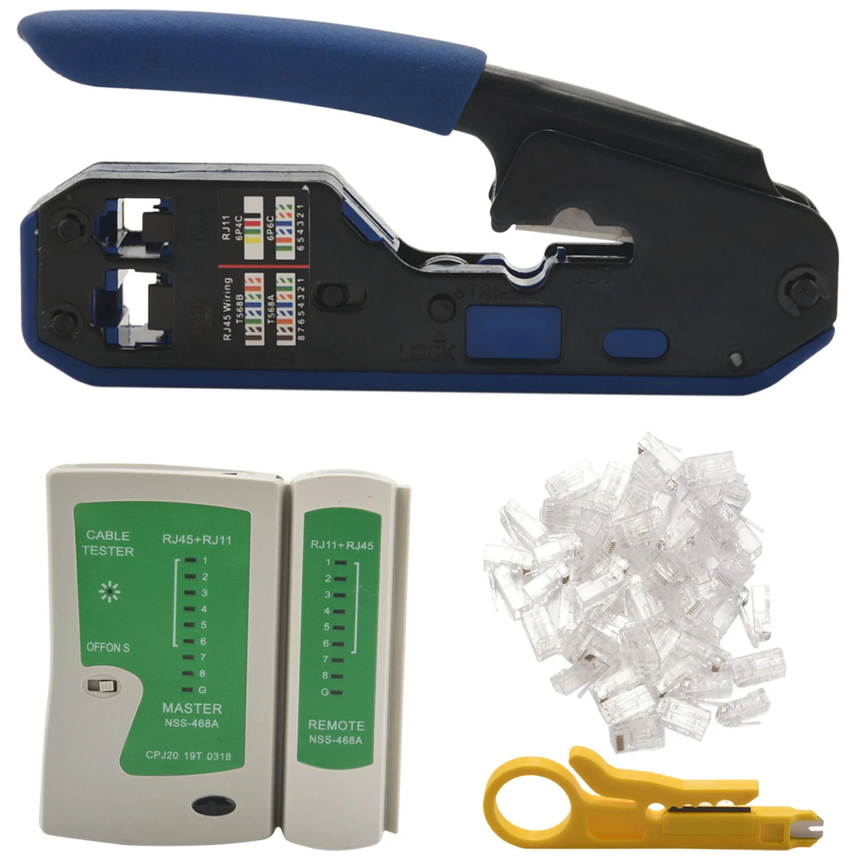 Network Cable Tester RJ45 Crimp Tool Kit CAT5 CAT5E CAT6 Crimping Tool Kit, 50PCS RJ45 CAT6 Connector Plug