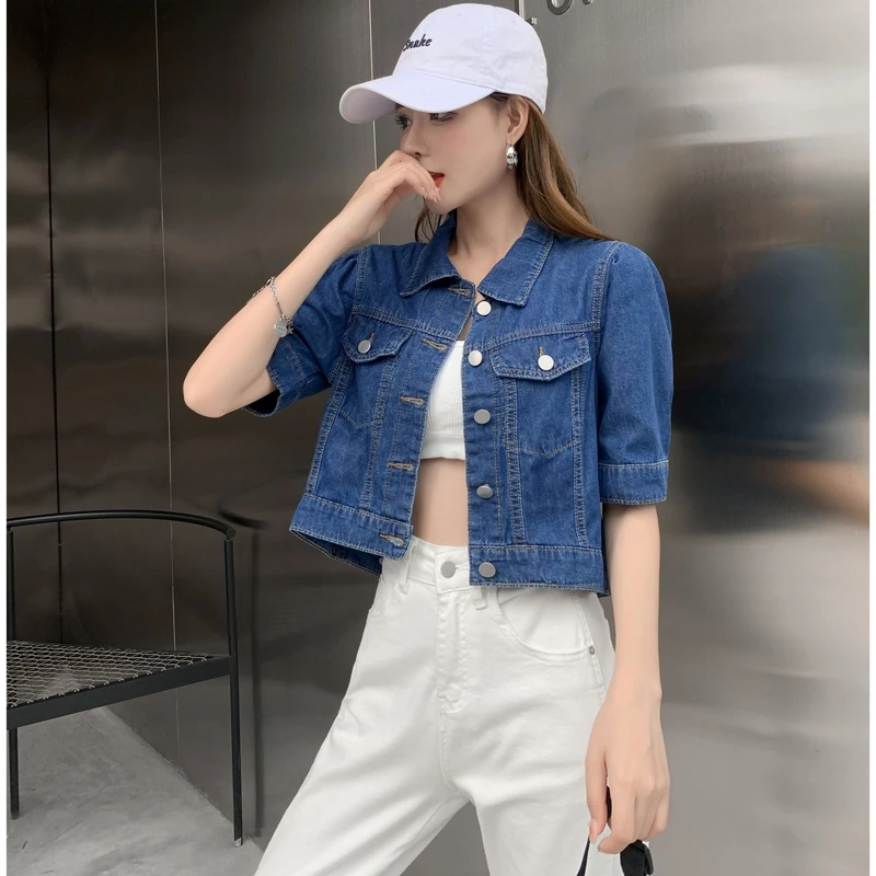 Spring Simple Fashion Vintage Short  Loose Appears Thin Half Sleeve Women  Denim Shirts Tops Z148