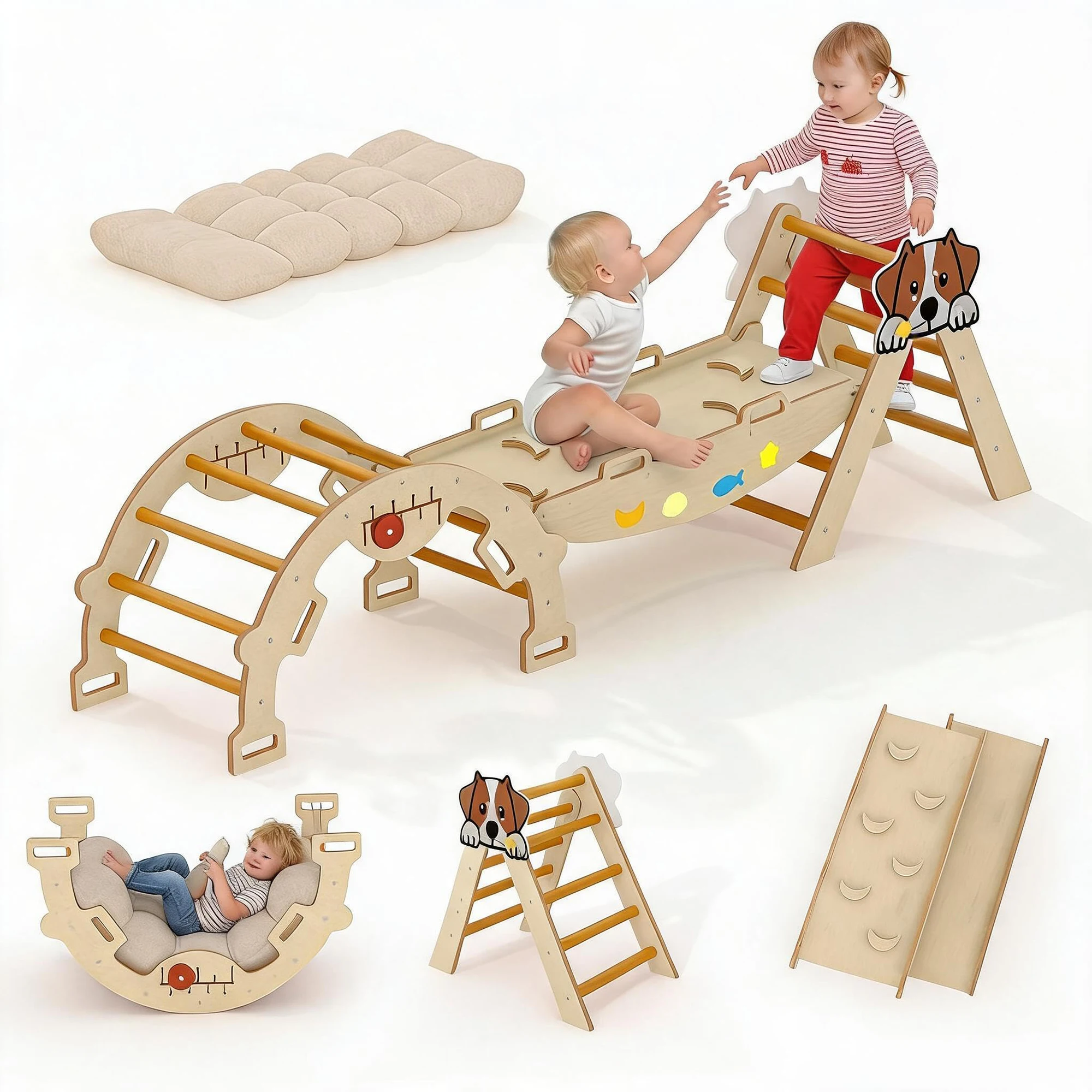 7-in-1 Foldable Pikler Triangle Set For Toddlers, Wooden Indoor Jungle Gym With Reversible Animal Slide, Climbing Ramp Ages 18M-5Y