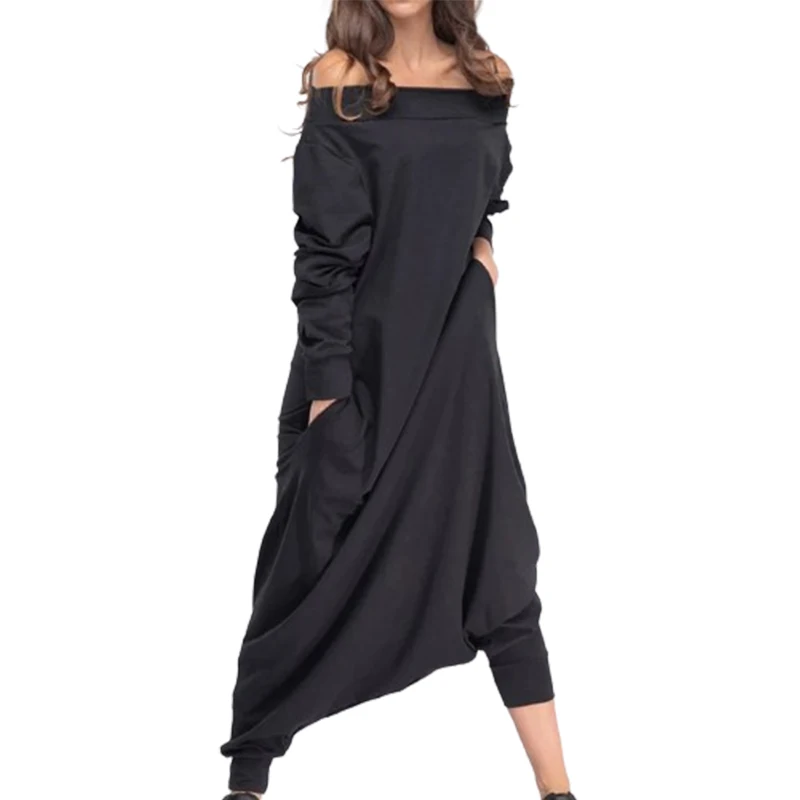 Uslemon Fashion Female Simple Black Casual Loose Solid Color Long Sleeves Pockets Off-The-Shoulder Jumpsuits For Women