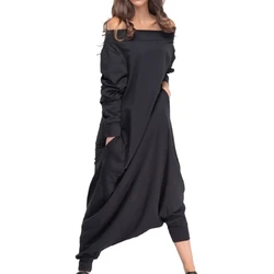 Uslemon Fashion Female Simple Black Casual Loose Solid Color Long Sleeves Pockets Off-The-Shoulder Jumpsuits For Women