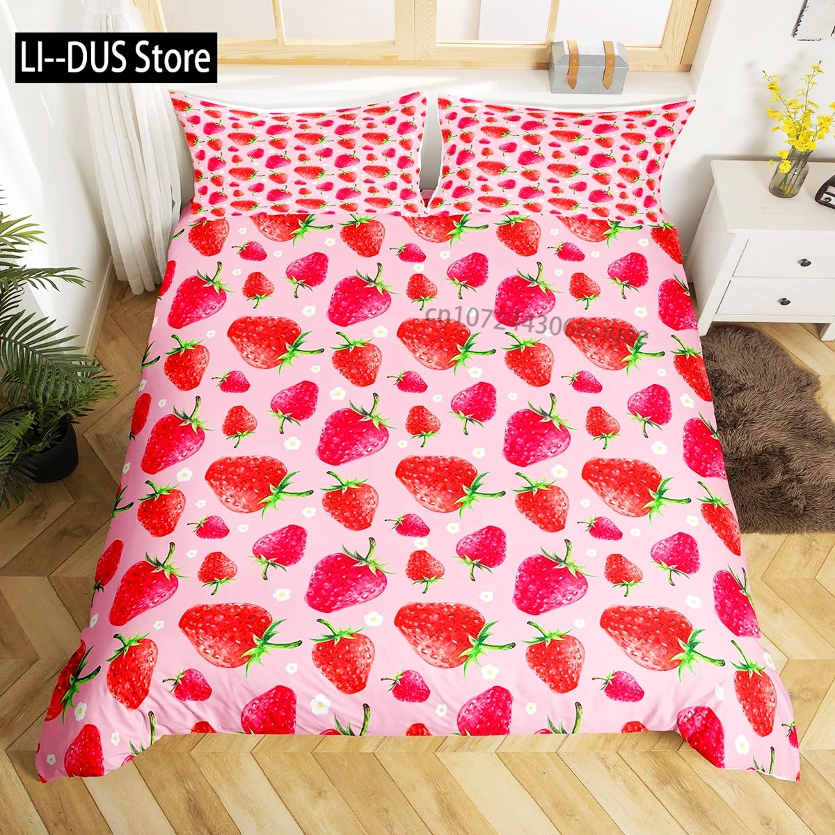 

Sweet Fruits Duvet Cover, Cherry Strawberry Bedding Set for Girls Kids, Pink Summer Comforter Cover with 2 Pillowcases 3 Pieces