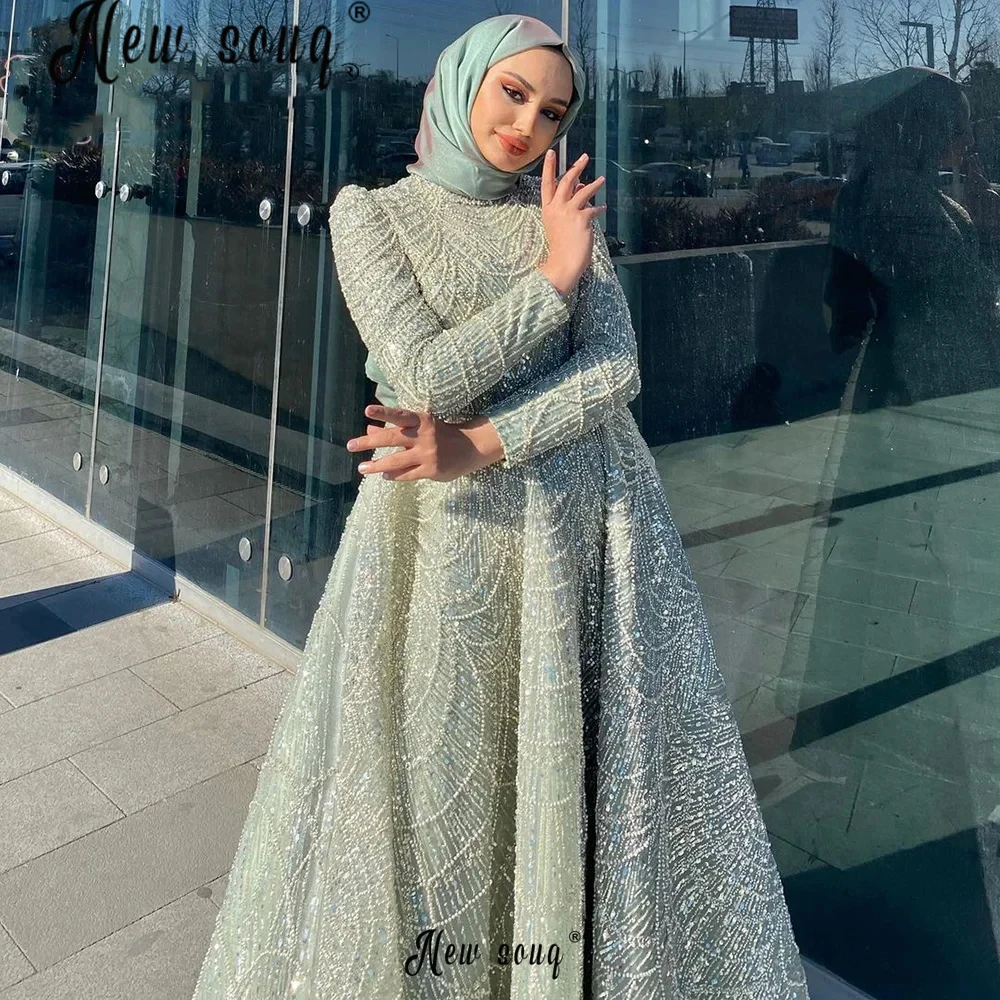 Muslim Tea Length Beaded Sage Green Evening Dresses Sparkly Long Sleeve Wedding Party Gowns Prom Dresses 2024 Luxury Dubai