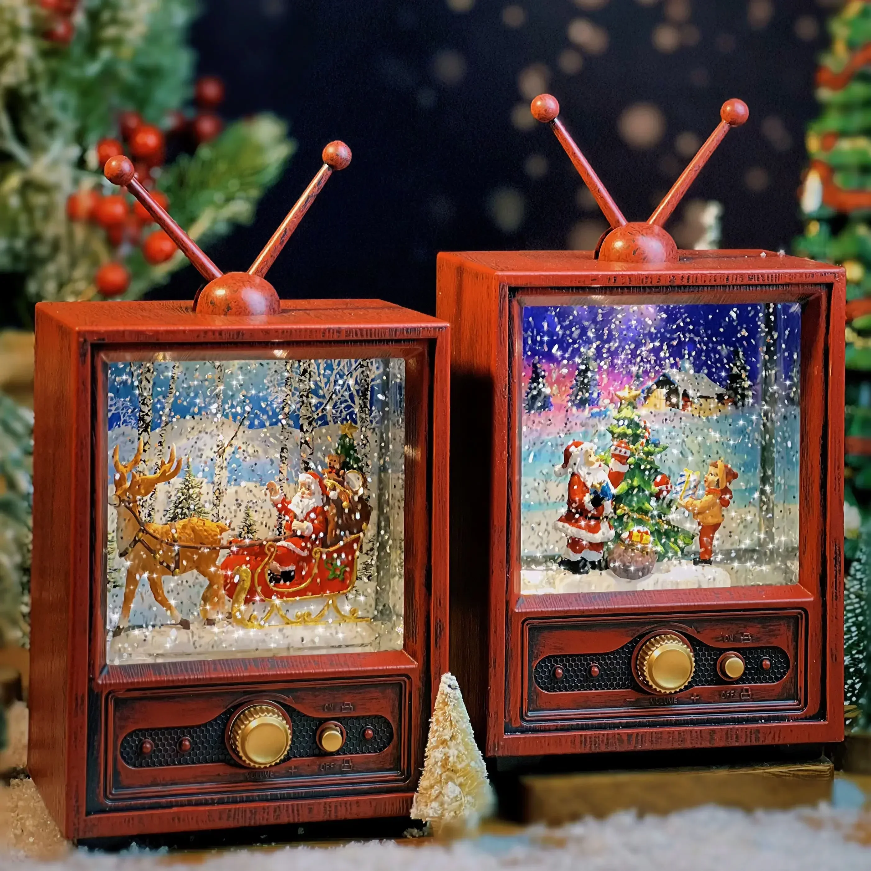 Christmas gifts for children on Christmas Eve, TV music box, drifting snow lights, atmosphere decoration ornaments