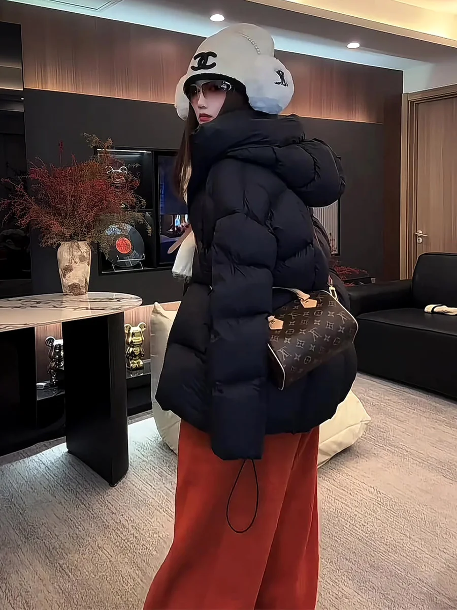 Chaqueta Acolchada Blanca Holgada para Mujer, Estilo Coreano, Chaqueta Larga con Capucha, Abrigo Cálido de Longitud Media