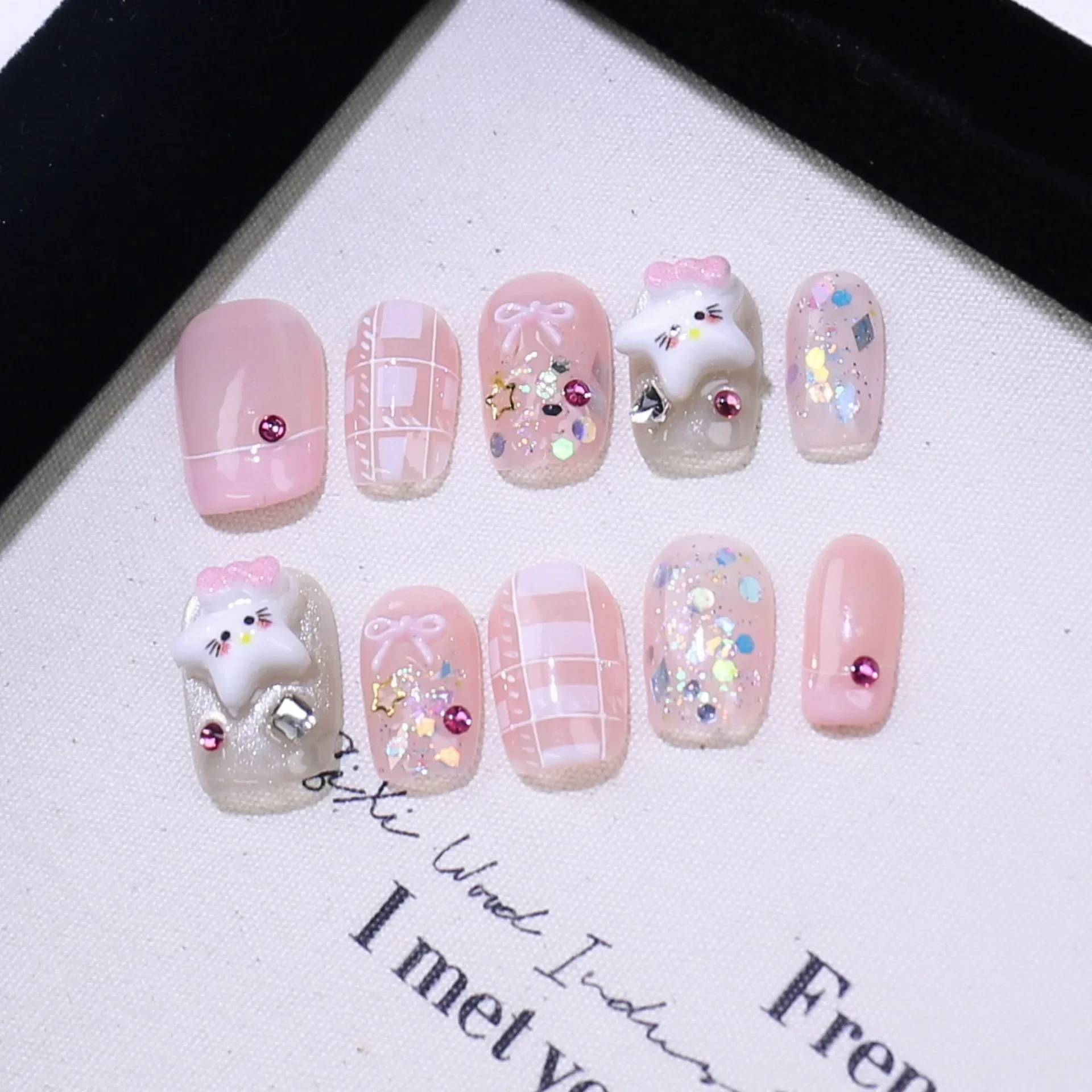 10 pçs artesanal imprensa em unhas dos desenhos animados franceses bonito gato arco curto ballet unhas falsas para mulher & menina removível destacável arte do prego