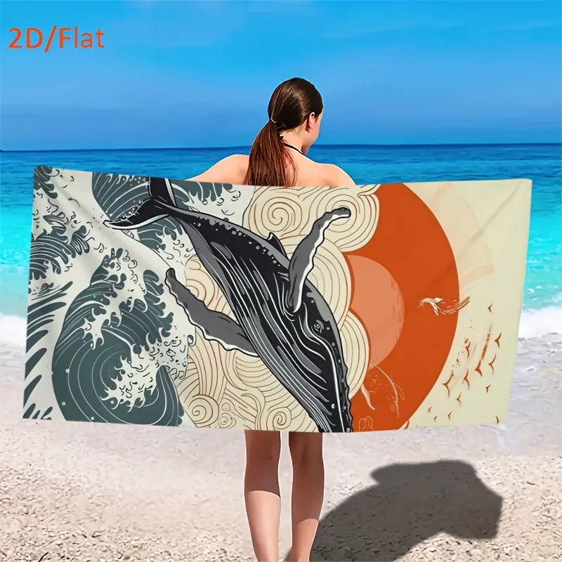 1pcs Vibrant Ukiyo-E Whale Print Beach Towel, Soft Quick Dry Oversized Bath Towel, Japanese Art Summer Accessory