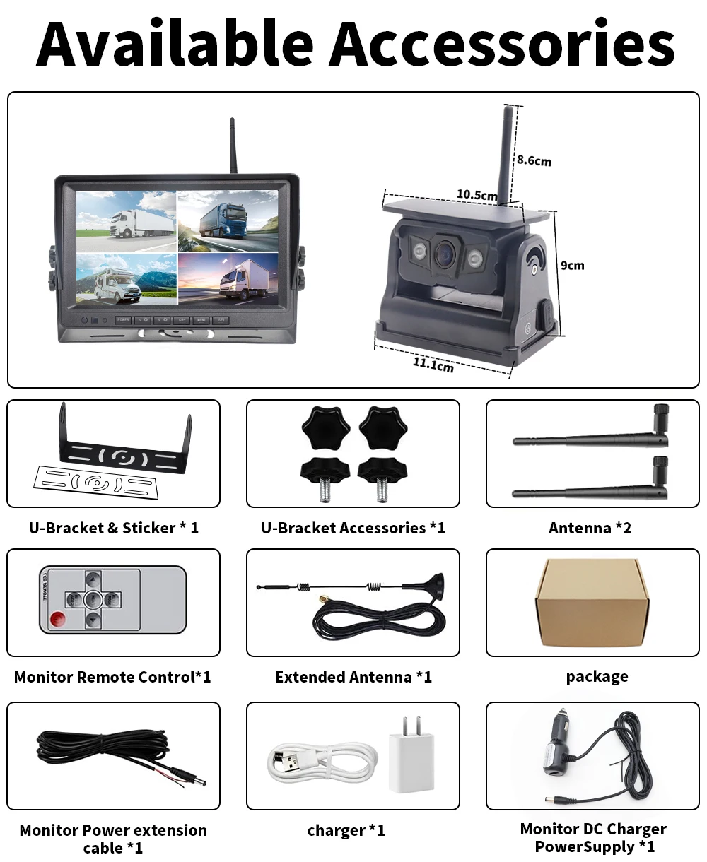 YWX Magnetic Solar Wireless Backup Camera HD1080P DVR 7" IPS Monitor Reverse Camera System for RV Camper Trailer Semi Truck