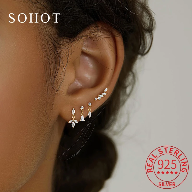 

1 Pcs Real 925 Sterling Silver Leaf Zircon Pendant Mini Stud Earrings for Charm Women Geometric Fine Jewelry Plant Accessories