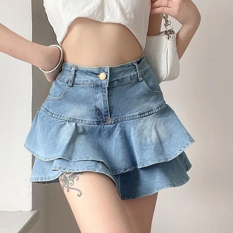 

Vintage Denim Skirt Shorts Women Summer Korean Fashion High Waist A-line Slim Cute Sexy Mini Jean Ruffle Skirt Female 2024