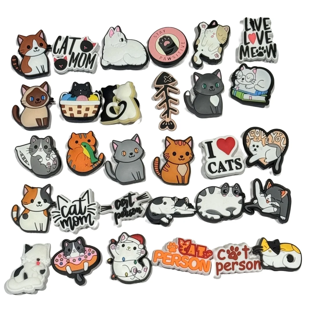 

30/100 шт., микс, милые кошки, рыбья кость, ПВХ, детская обувь, подвески, аксессуары, сабо для кошек и мам, пряжка, рюкзак «сделай сам», «кошачий человек»