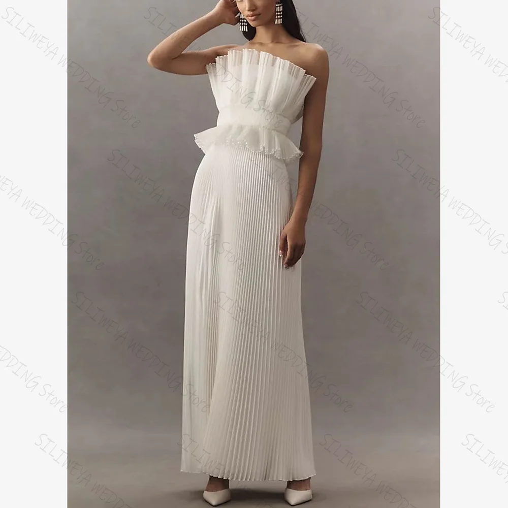 

Little Fresh Pure White Strapless Chic Prom Dresses Strapless Sleevesless Ankle-Length Female Party Evening Gown