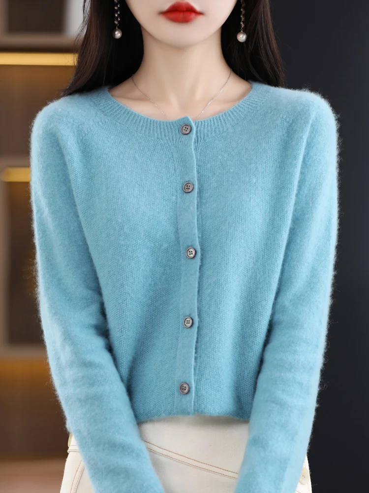 ANGEL Women O-neck Cardigan 100% Merino Wool Sweater Long Sleeve Cashmere Knitwear Tops Loose Women T-Shirt Spring Autumn Winter