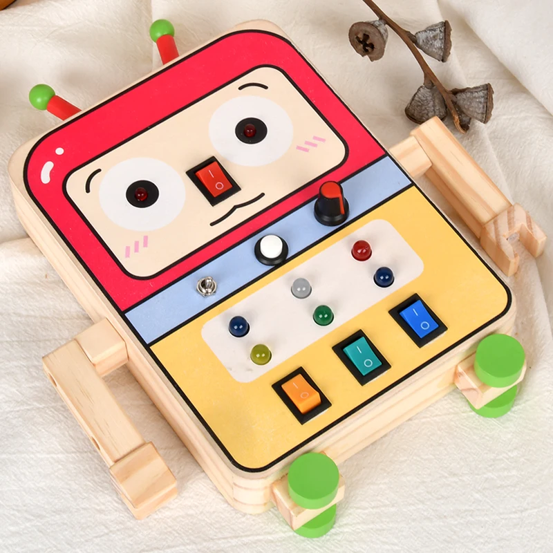 Montessori Ocupado Board Brinquedos Sensoriais com Luz LED, Interruptor Robô, Lâmpada, Jogos Sensoriais para 2-4 Anos de Idade, Controle de Interruptor