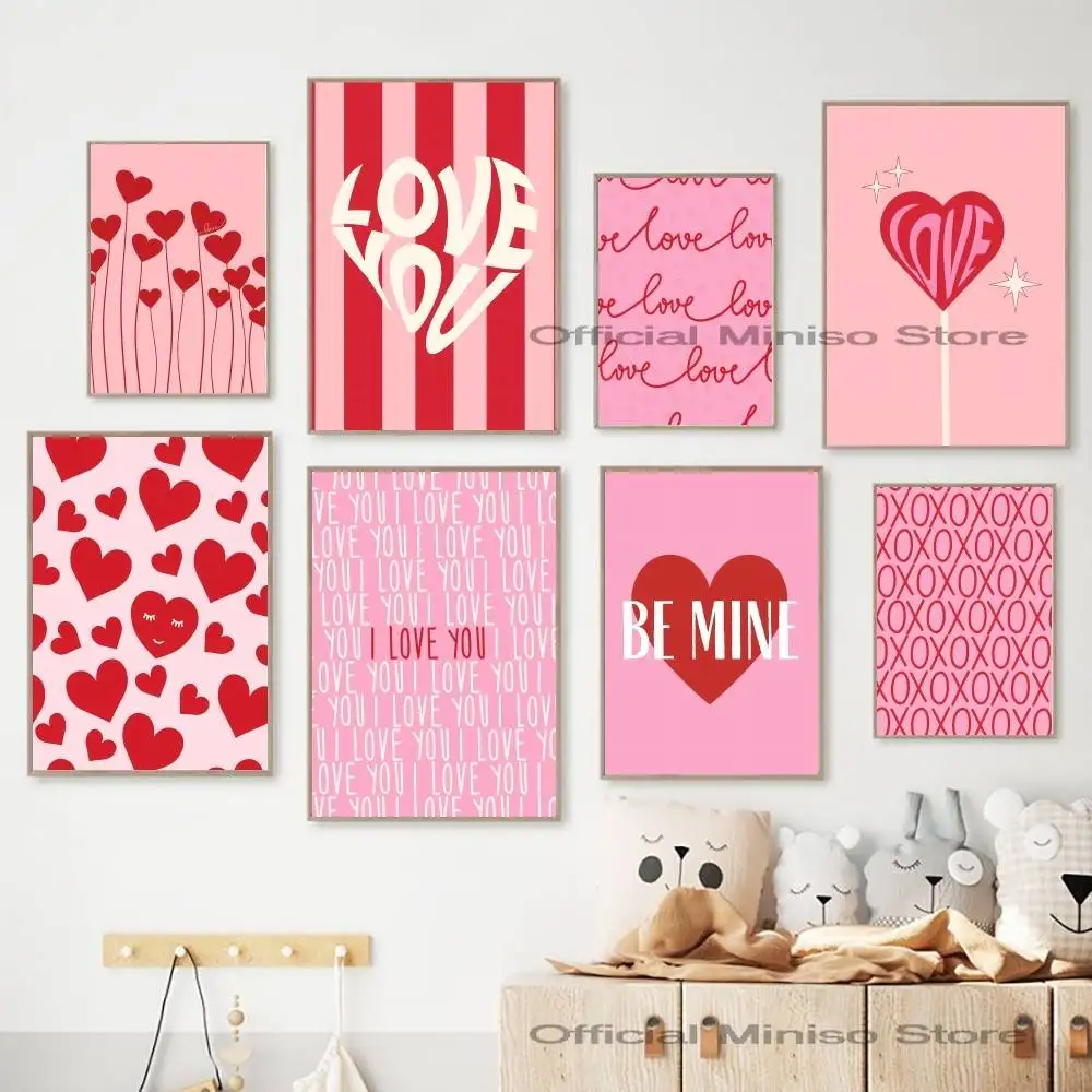 Pink Red Heart Love Quote Poster Valentine Day Aesthetic Wall Art Print BE MINE XOXO Decor for Bedroom Cafe Unframed Painting